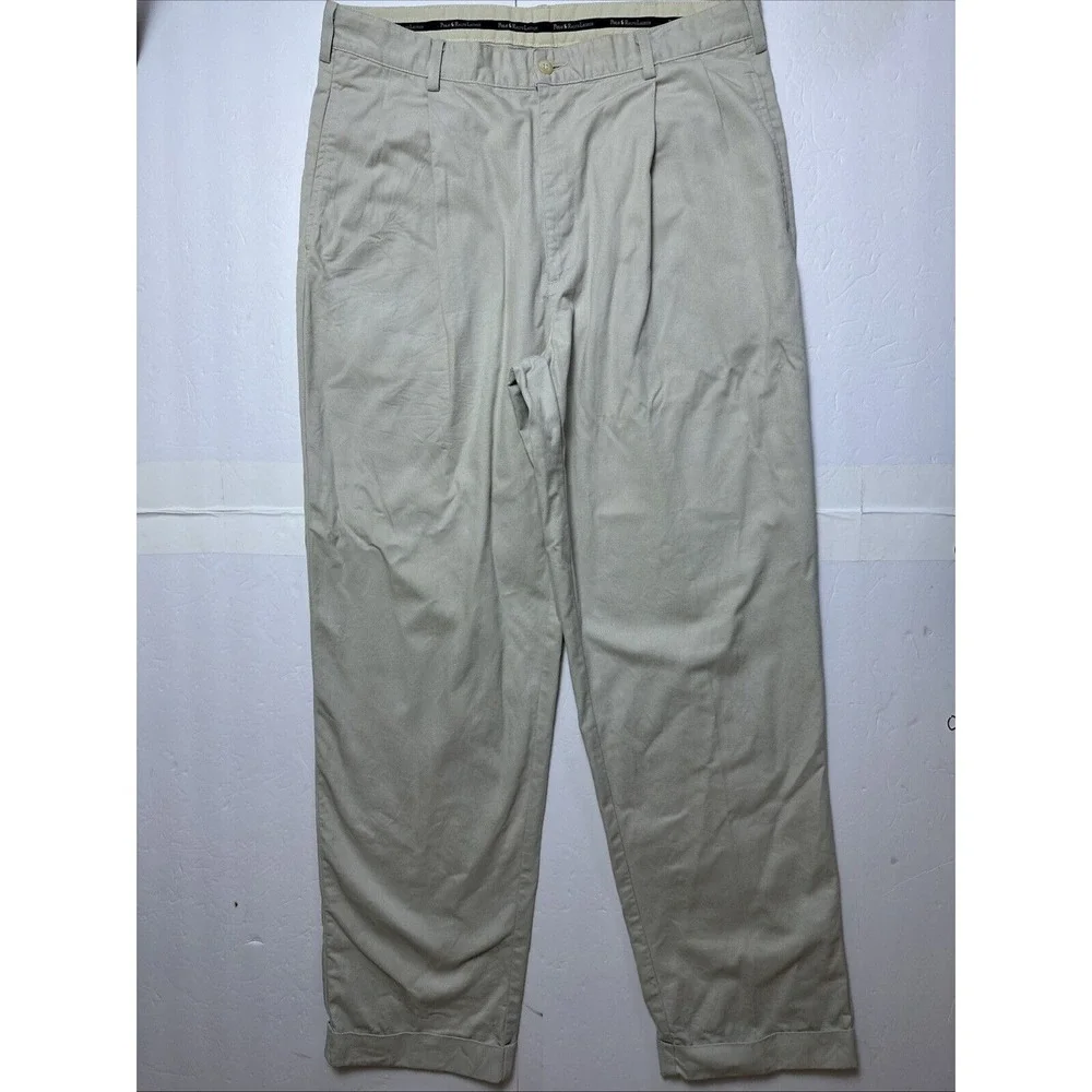 Polo Ralph Lauren Mens Pants Beige 34x32 Pant Pleated Cuffed Cotton - Picture 1 of 6